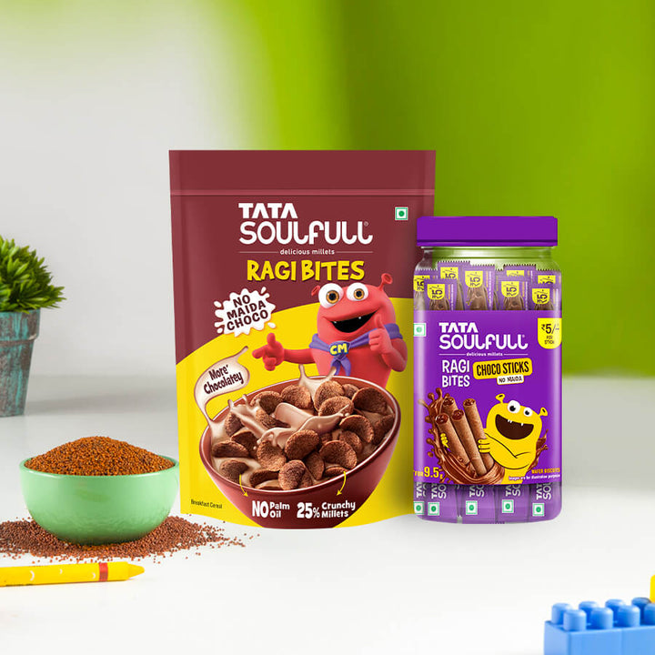Ragi Bites No Maida Chocos 375g + Choco Sticks Jar Sticker (34 Sticks) Combo | 681g