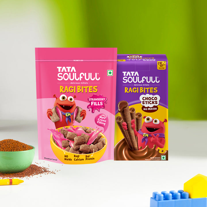 Ragi Bites Strawberry Fills 250g + Choco Sticks Box  (34 Sticks) Combo | 556g