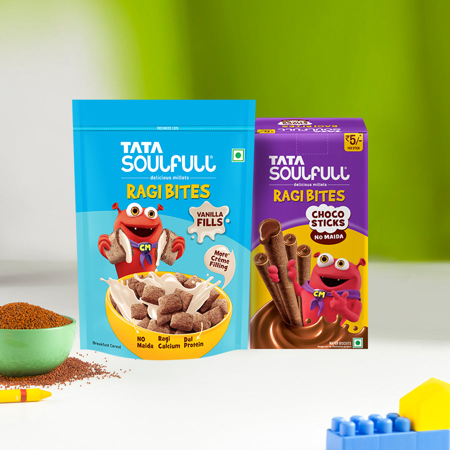 Ragi Bites Vanilla Fills 250g + Choco Sticks Box (34 Sticks) Combo | 556g